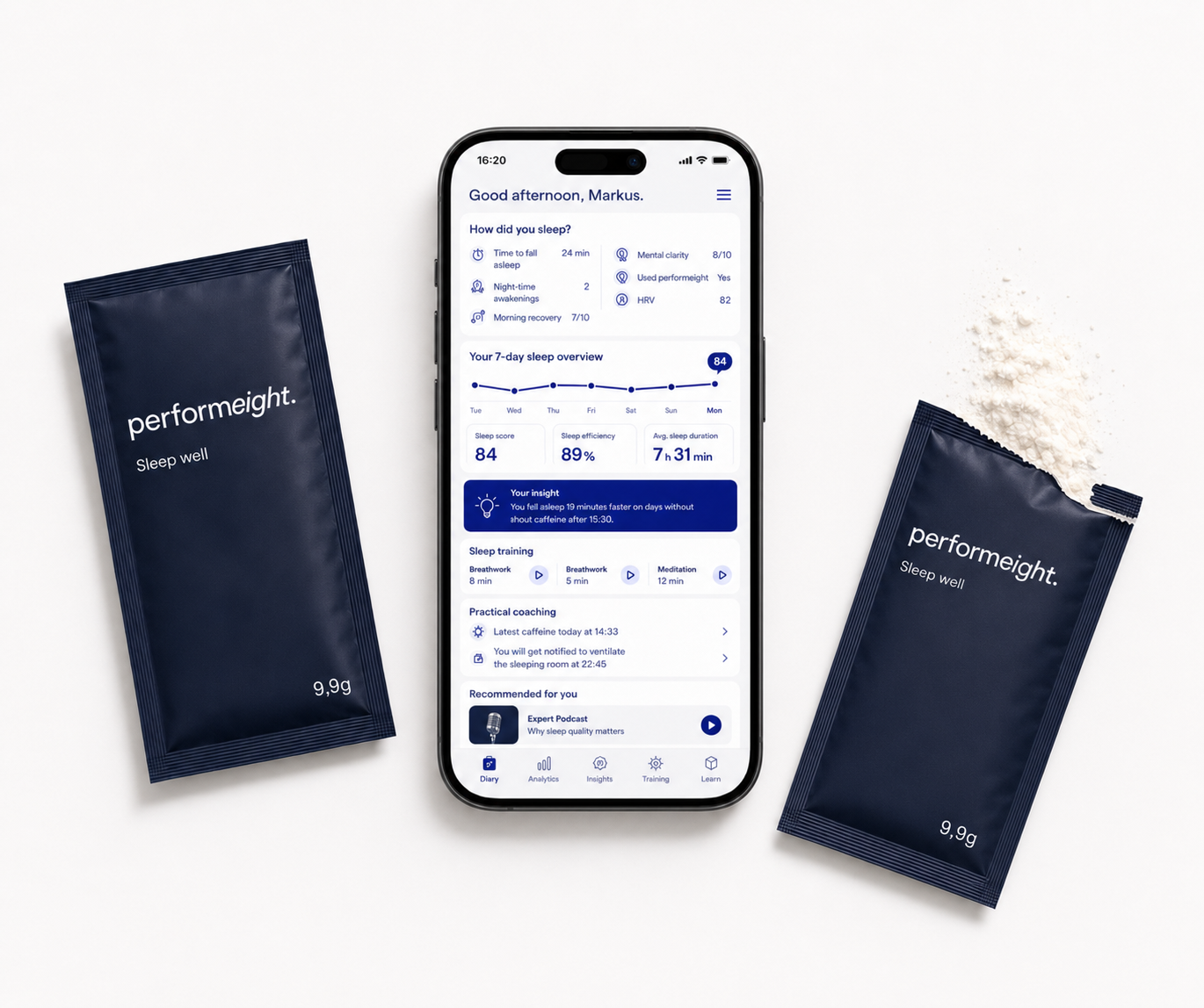 performeight sleep drink sachets and the app, arranged top-down — the formula and the sleep therapist together