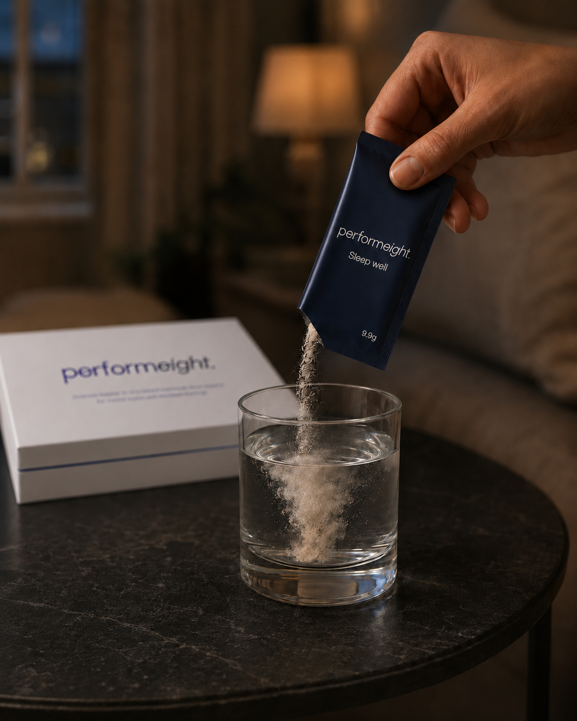 A performeight sachet dissolving into water