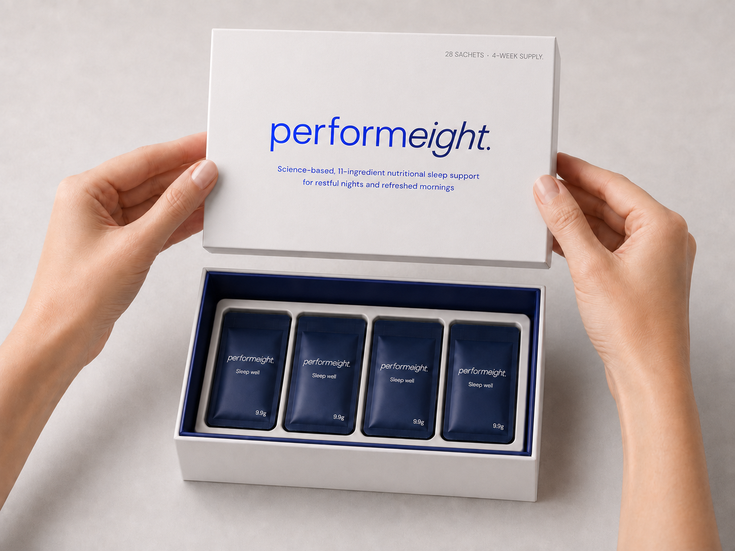performeight opened package — 28 sachets, four measured weeks